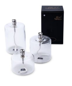 Trio de lampes à l’huile cylindriques + 1L d’huile de paraffine + entonnoir